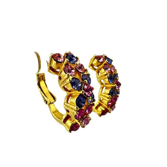 Joan Rivers Pink Purple Crystal Rhinestone Half Hoop Gold Tone .75" Earrings - Picture 2 of 4